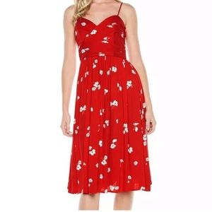 Bardot Midi Dress Red Tai Sweetheart Floral Ruched Poppy Flowers, XS; US 4